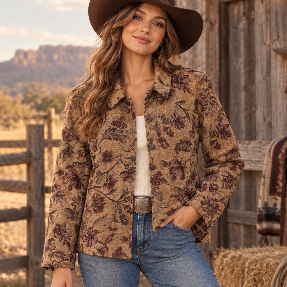 Susan Graver Tapestry Jacket XL Soft Corduroy Earthy Floral Button Front Boho